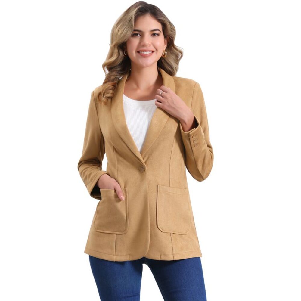 Faux Suede Blazer Lapel Collar One Button Dressy Suit Jacket Khaki